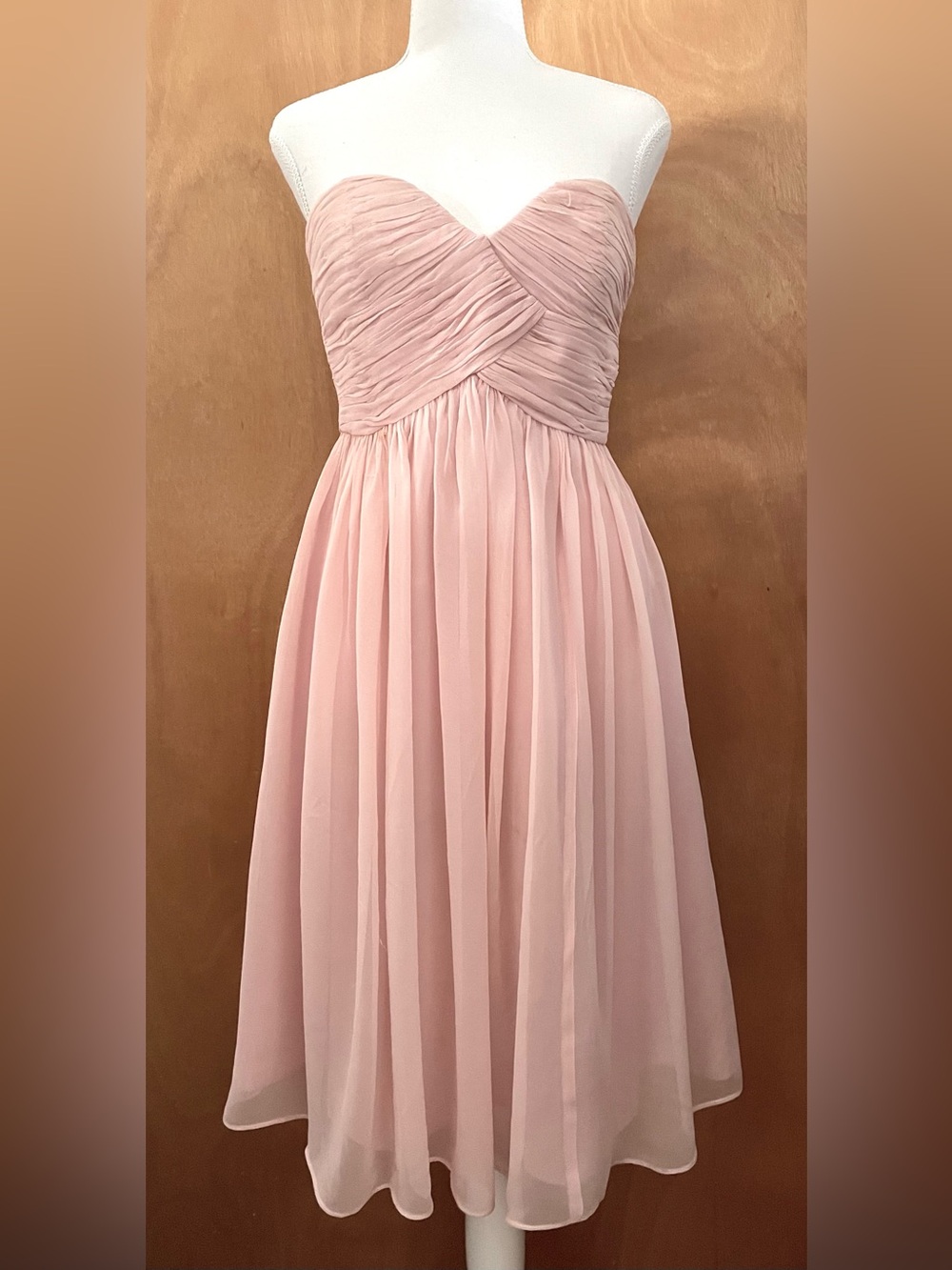 Strapless Blush Pink Chiffon Midi Dress. Silk. Size 2